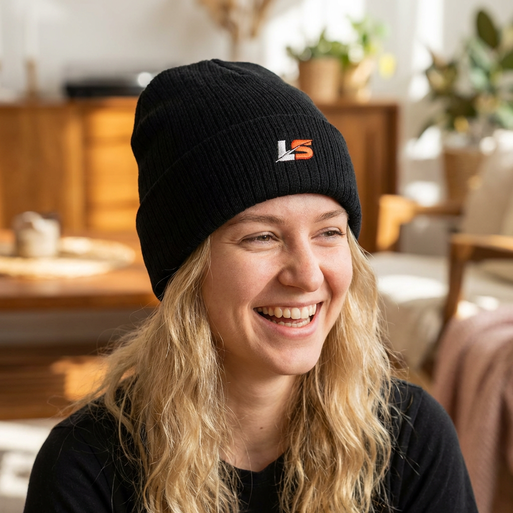 Lifted Spirits Ribbed Knit Beanie (Black) – Embroidered Cuffed Winter Hat