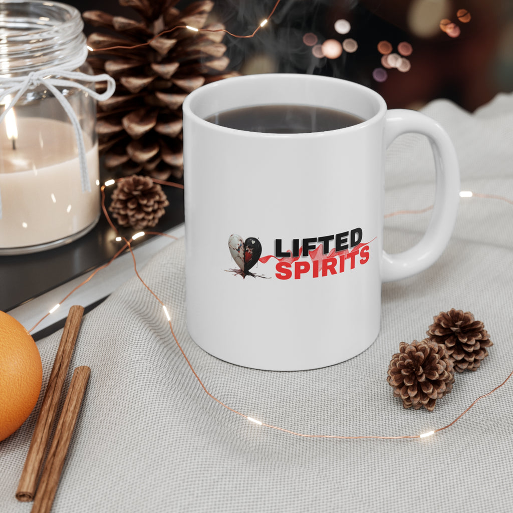 Lifted Spirits White Ceramic Mug – 11oz Coffee & Tea Cup with ORCA Coating