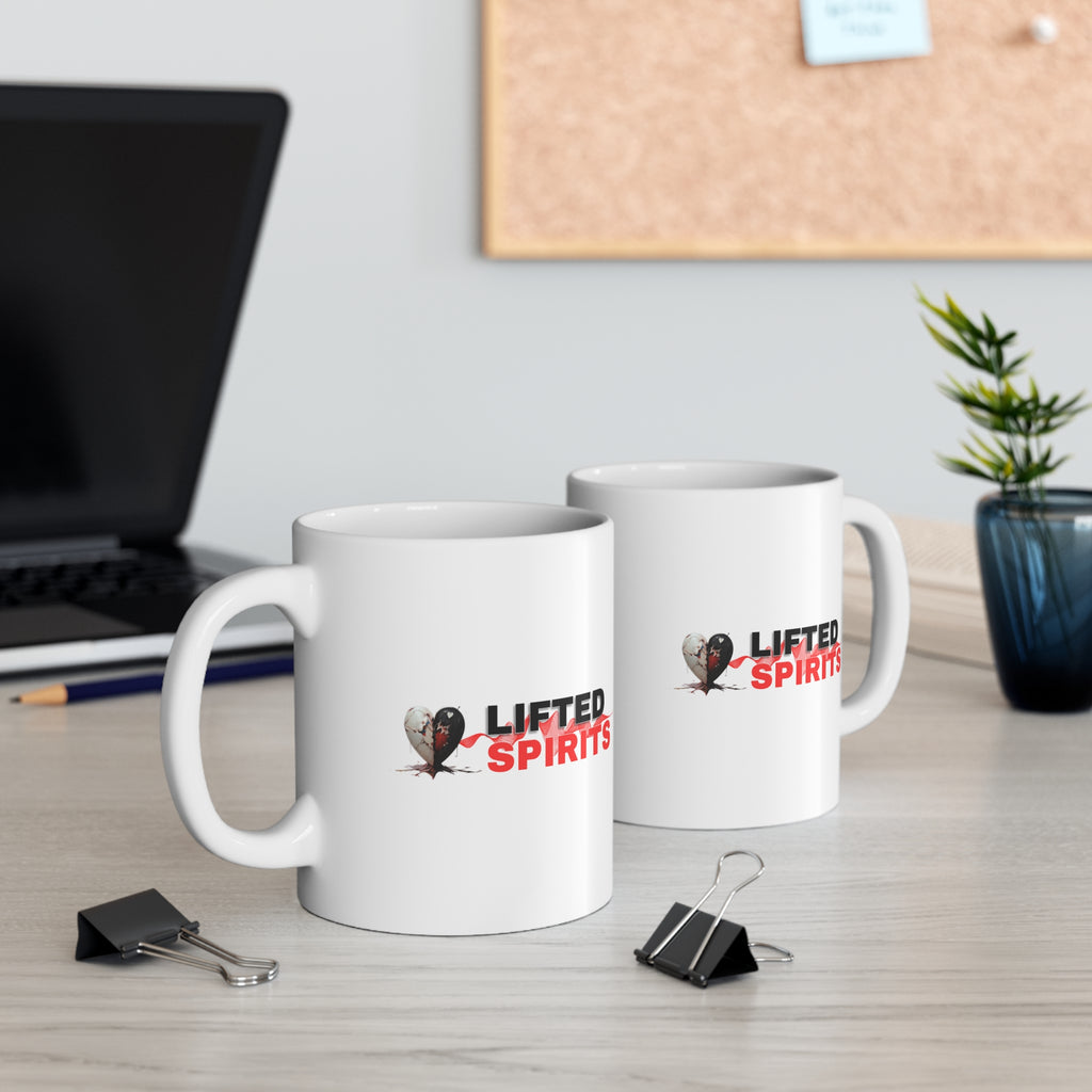 Lifted Spirits White Ceramic Mug – 11oz Coffee & Tea Cup with ORCA Coating