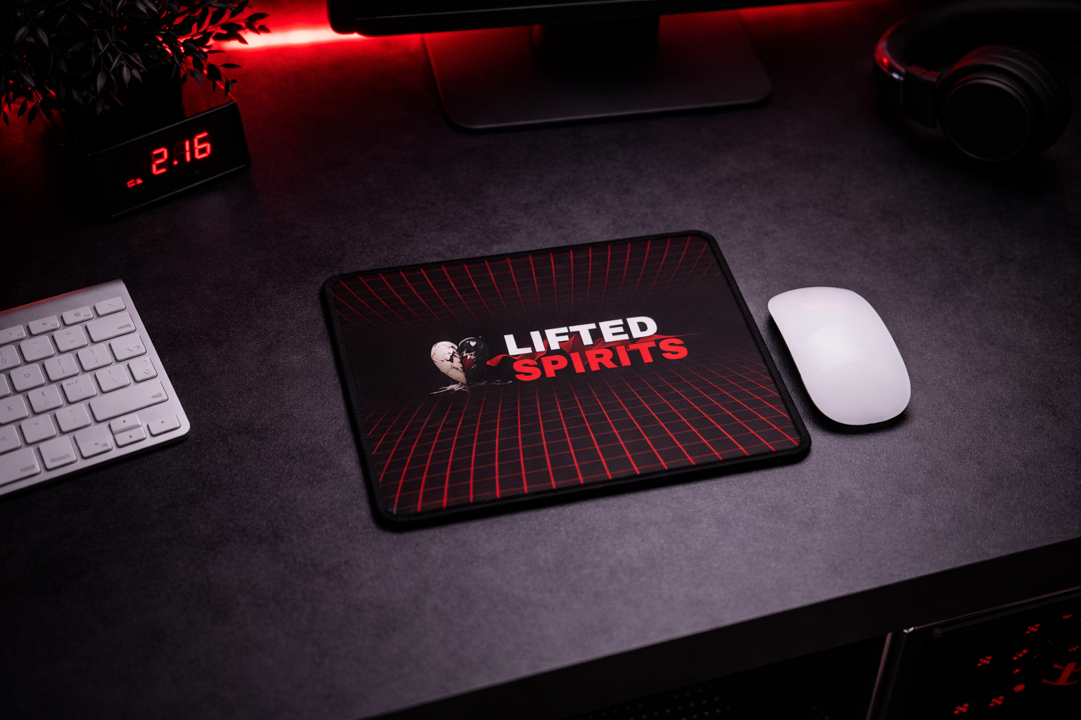 Lifted Spirits Red Grid Gaming Desk Mat – Extended Non-Slip Mouse Pad