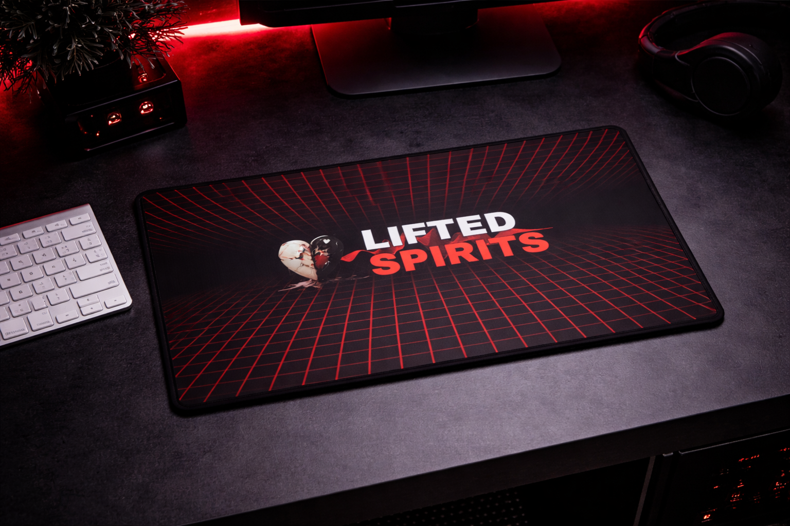 Lifted Spirits Red Grid Gaming Desk Mat – Extended Non-Slip Mouse Pad