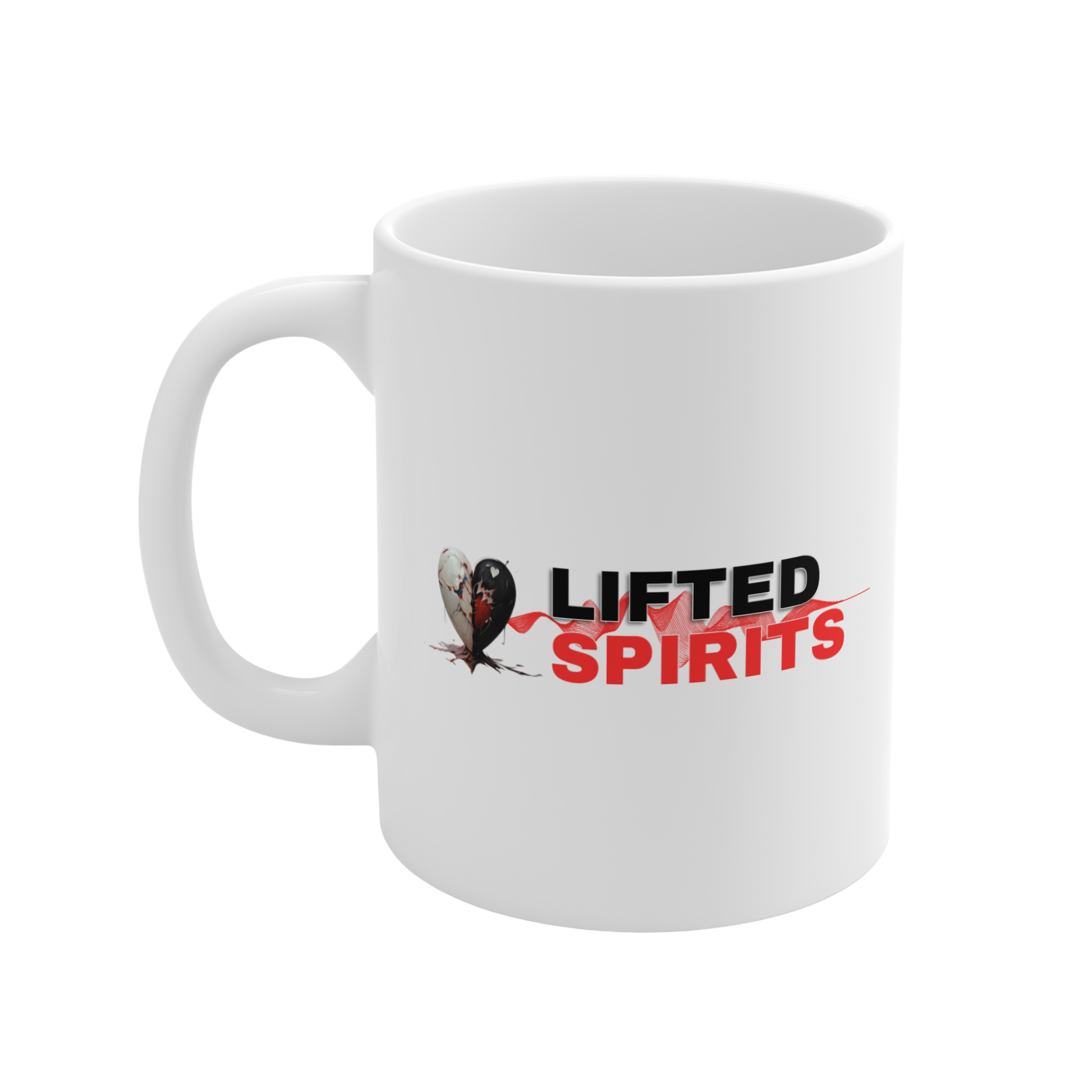 Lifted Spirits White Ceramic Mug – 11oz Coffee & Tea Cup with ORCA Coating